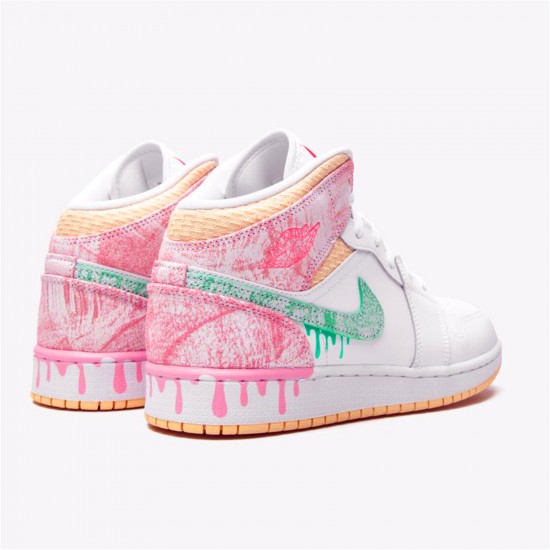 Kixify Nike Air Jordan 1 Mid Paint Drip (GS) White/Green Glow-Arctic Punch