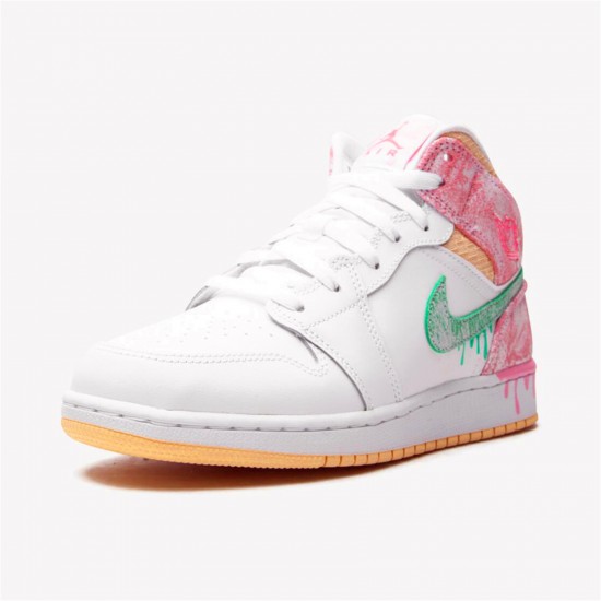 Kixify Nike Air Jordan 1 Mid Paint Drip (GS) White/Green Glow-Arctic Punch